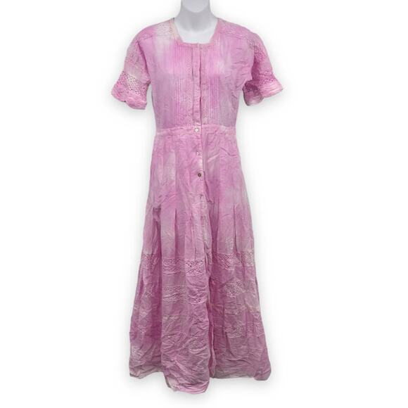 LoveShackFancy Edie Midi Dress XS Button Front Short Sleeve Crochet Lace Tie Dye - Picture 1 of 8